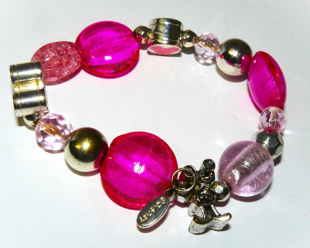 Official Disney Pink Silver Beads Stretch Mickey Mouse Charm Bracelet Girls Kids